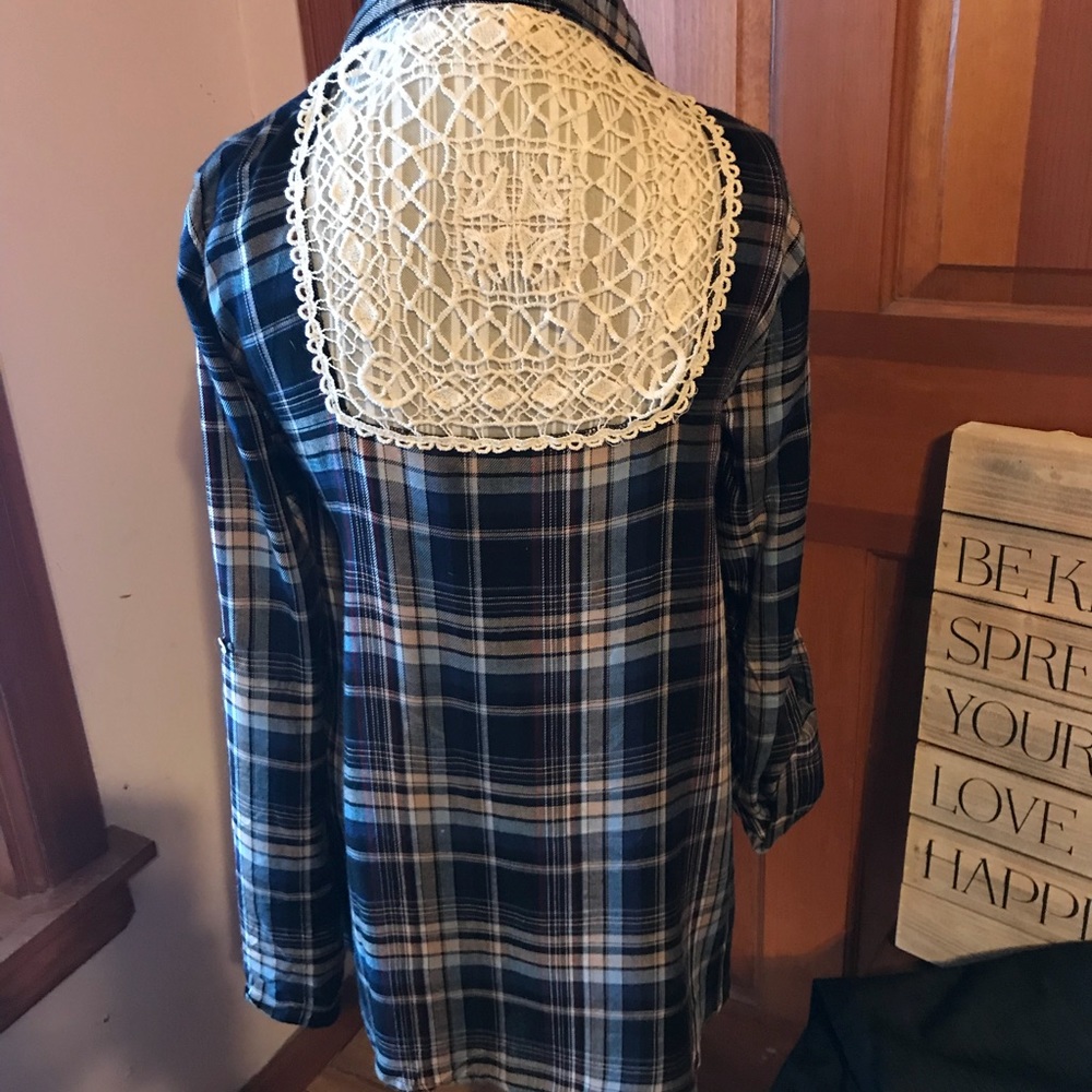 Cardigan style plaid top with crocheted lace back